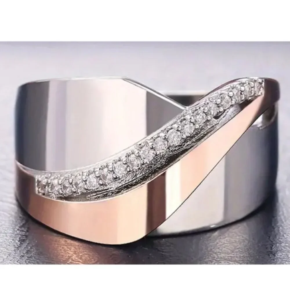 Vintage Wide Cross Band Style - Ring Silver & Rose Gold Plated Inlaid Zircon - Picture 1 of 3